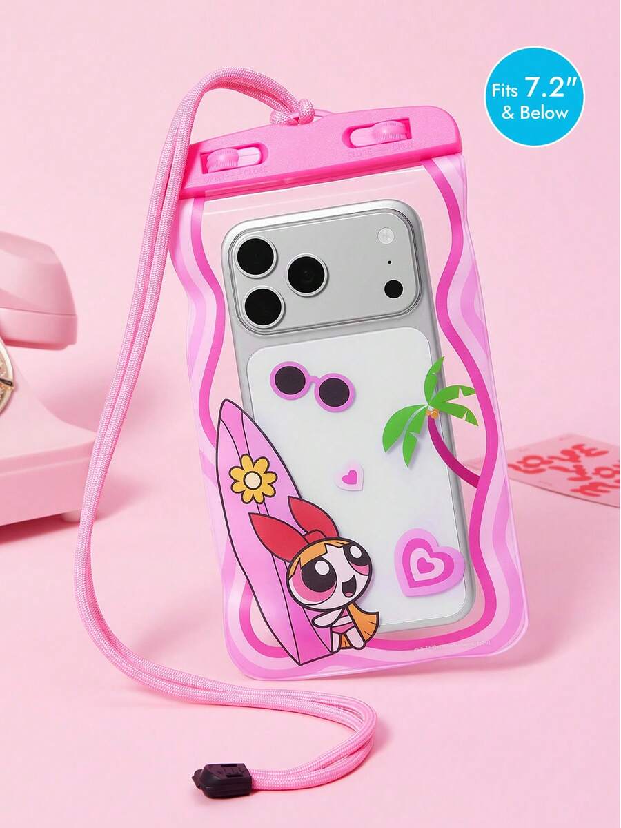 THE POWERPUFF GIRLS X SHEIN 1件裝卡通圖案印花防水觸控螢幕透明水上運動手機防水袋,適合激流泛舟、海灘、游泳、划船、獨木舟、徒步,可保護手機、相機、現金、護照、文件免受水、沙、雪、灰塵侵害,愛心款 - 粉色 - 查看 1