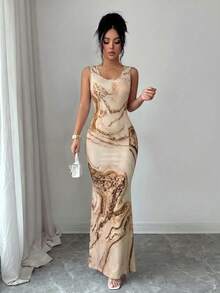 SHEIN Elenzya Exquisite Printed Chinoiserie Waist-Cinching Slit Luxurious Retro Middle Eastern UAE Style Robe, Tight Fit, Multi-Color, Sleeveless - Multicolor - View 3