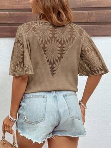 Reflora Plus Size Elegant Waffle Knit Patchwork Ruffle Sleeve T-Shirt Brunch Khaki Summer - Mocha Brown - View 2
