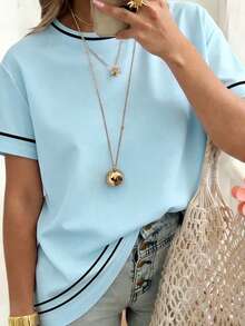EMERY ROSE Sweet Striped Print T-Shirt For Women,Light Blue Sommar Smart Casual Vacation,Retro Comfortable Versatile Casual Wear For Spring,Summer,Autumn - Baby Blue - View 3