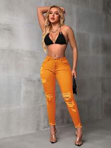 SHEIN SXY 女款破舊磨損毛邊口袋鈕扣修身短版牛仔褲 - 橘色 - 查看 6
