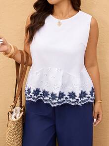 Elaquor Plus Size Floral Embroidery Vest And Pants 2 Pieces Set, Casual Holiday Outfit - Multicolor - View 5