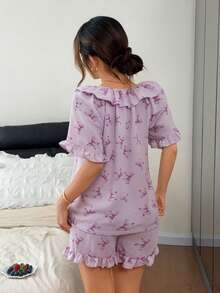 DAZY Women's Summer Butterfly Print Ruffle Trim Loose Short Sleeve Top And Shorts Pajama Set - Purple - View 2