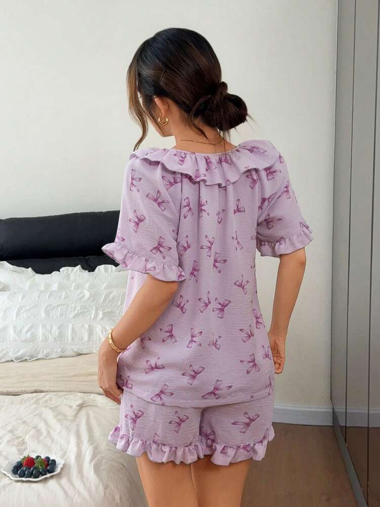 Women's Summer Butterfly Print Ruffle Trim Loose Short Sleeve Top And Shorts Pajama Set