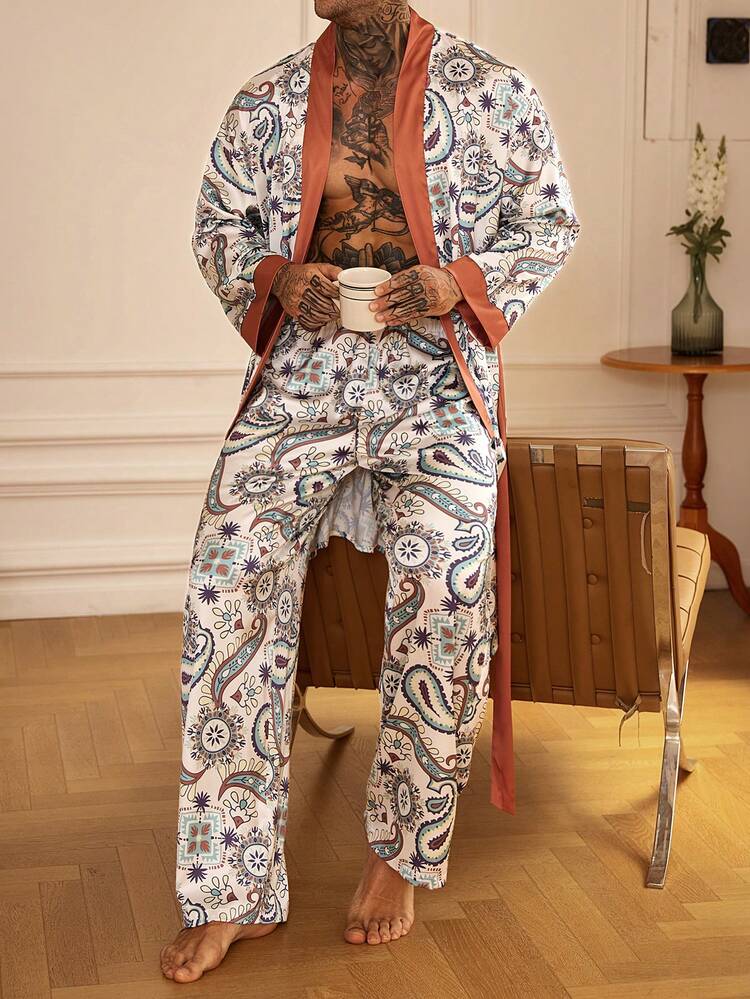 Long Robe With Pants, Satin Floral Print Men's Loungewear Set