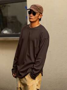 DAZY 男士休闲百搭圆领棕色T恤，秋季款 - 咖啡棕 - 查看 3