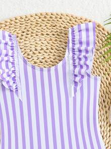SHEIN Baby Girls' Striped Print One-Piece Swimsuit With Ruffle Trim, Casual Fit, Cute For Vacation - Mauve Purple - View 3