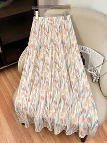Modelyn Plus Size Tulip Print A-Line Casual Skirt, Spring/Summer - Multicolor - View 1