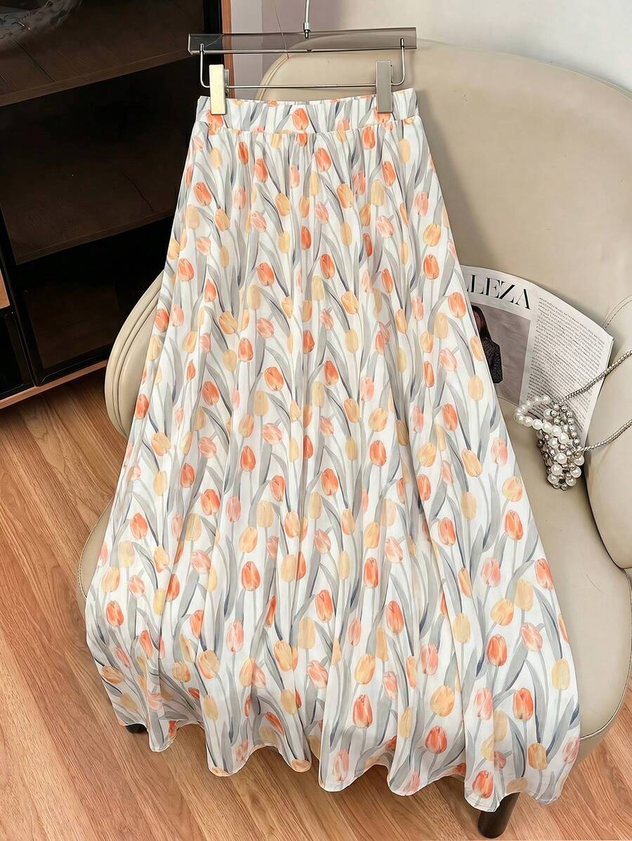 Modelyn Plus Size Tulip Print A-Line Casual Skirt, Spring/Summer - Multicolor - View 1