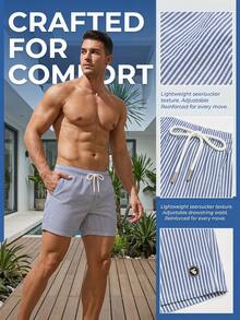 Manfinity Swimmode Men's Summer Beach Vacation Striped Print Drawstring Waist Slant Pocket Beach Shorts, Holiday - Royal Blue - View 5