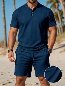 Manfinity Dauomo Plus Size Men's Casual Solid Color Short Sleeve Polo Shirt And Shorts Set, Summer Vacation Navy Blue - Navy Blue - View 1
