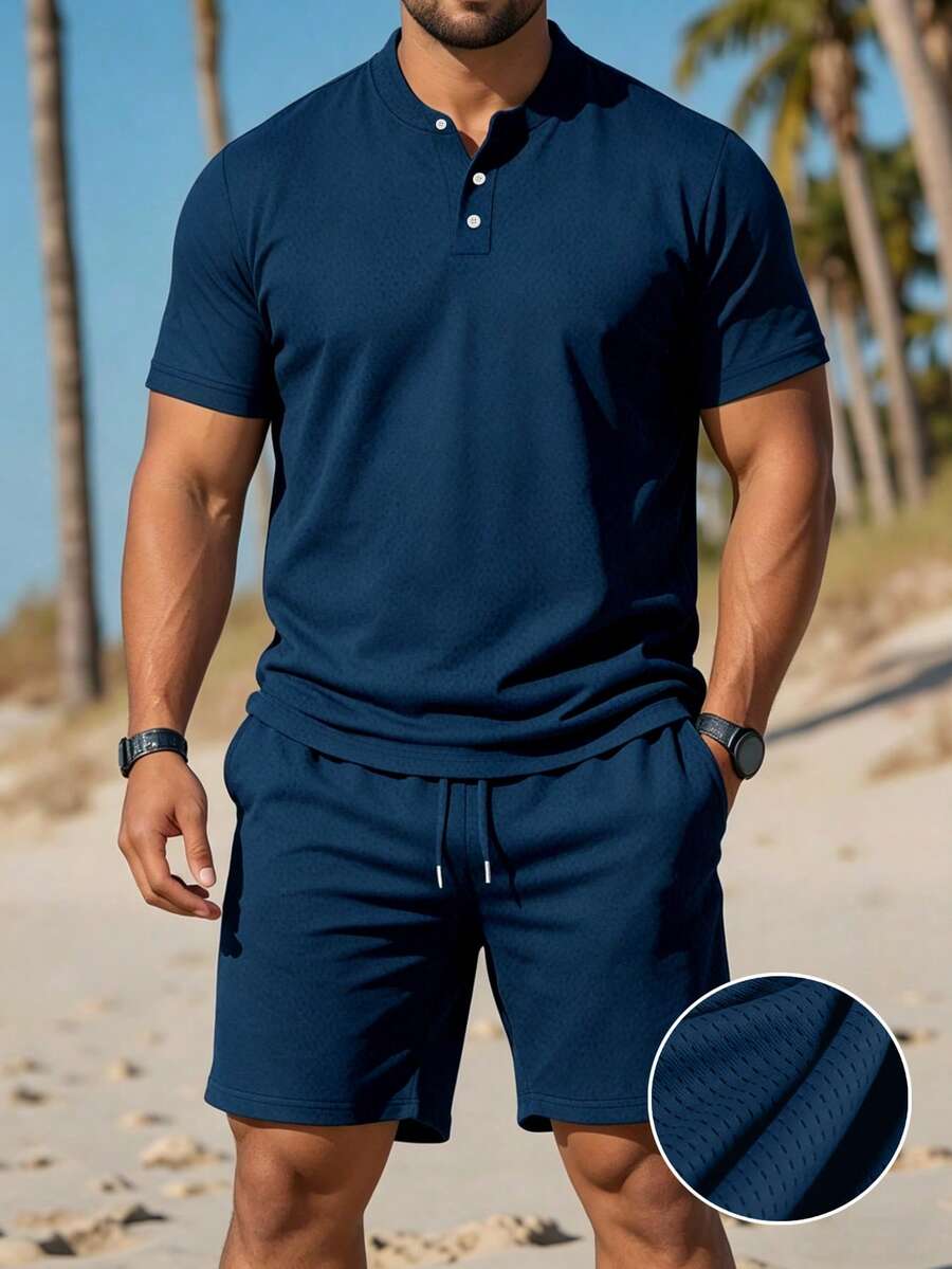 Manfinity Dauomo Plus Size Men's Casual Solid Color Short Sleeve Polo Shirt And Shorts Set, Summer Vacation Navy Blue - Navy Blue - View 1