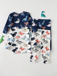 Cozy Pixies Bộ đồ ngủ 4 món cho bé trai, gồm áo dài tay cổ tròn in hình khủng long hoạt hình, chất liệu vải mềm mại và quần dài cạp chun. - Nhiều màu - Xem 2