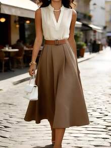 GlowEve Summer Beige Elegant Office Collarless Shirt Dress,V-Neck Colorblock Cinched Waist A-Line Silhouette,French Chic Retro Sleeveless Autumn Midi Dress - Multicolor - View 3