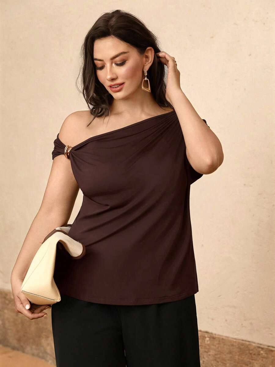 Juhart Plus Size Women Fashion Oblique Shoulder Metal Buckle Waist T-Shirt - Coffee Brown - View 1