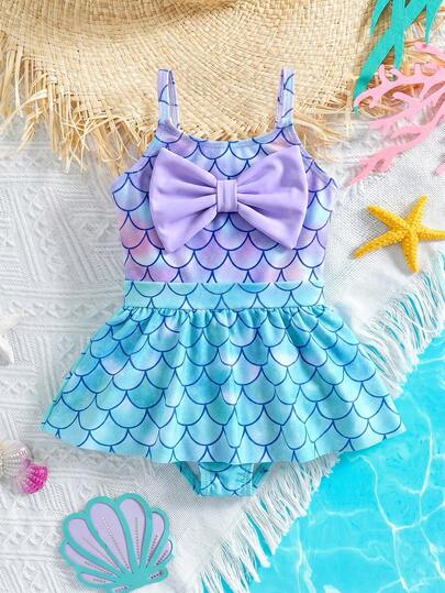 SHEIN Bộ áo liền quần cho bé gái kiểu nàng tiên cá dễ thương mùa hè, chất liệu dệt kim, phối màu nơ, dây đeo.