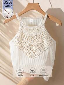 Girls' Vacation Beach Countryside Summer Crochet Lace Halter Crop Top - Beige - View 2