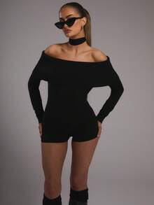 MUSERA Bộ áo liền quần Bardot dệt kim gân, gợi cảm, thích hợp cho lễ hội Ibiza, kỳ nghỉ, tiệc tùng, du lịch, sang trọng, ngày lễ tình nhân, kỳ nghỉ xuân, lễ hội Carnival, mùa hè. - màu đen - Xem 5