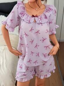 DAZY Women's Summer Butterfly Print Ruffle Trim Loose Short Sleeve Top And Shorts Pajama Set - Purple - View 7