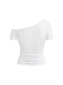 ROMWE Grunge Punk Camiseta ajustada de talla grande con estampado de cruz de remache metálico punk y cuello asimétrico - Blanco - Ver 2