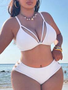 Swim SXY Plus Size Women Solid Color Sexy Bikini Top, Suitable For Beach Wear In Summer White - White - View 3