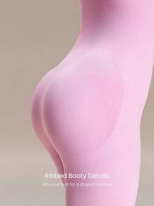 GLOWMODE 24" Ultrafine Soft Seamless Glow Ahead Ribbed Waist Removable Cups Sweetheart Neckline Bodysuit Medium Impact Training Running Workout Gym Wear - Pink - View 5