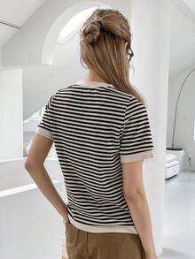 DAZY Striped Print Round Neck Tee - Black and White - View 2