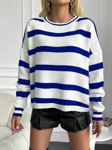 RueChic Casual Loose Fit Long Sleeve Women Pullover Sweater - Blue - View 3