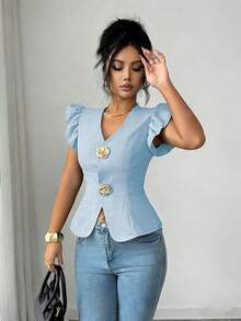 SHEIN Elenzya 女款優雅V領金屬扣飾裝飾、收腰設計與荷葉袖、精緻女士襯衫 - 淺藍色 - 查看 5