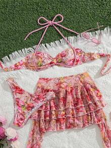 Zestiva Summer Beach Vacation Women's Pink And Orange Tropical Ditsy Floral Braided Bandeau Top And Layered Ruffle Hem Skirt Bikini Set - Multicolor - View 5