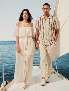 SHEIN Camisa de hombre para vacaciones con estampado geométrico, color de contraste, de un solo pecho, para días festivos - Albaricoque - Ver 2