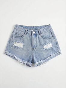 ROMWE Grunge Punk Shorts vaqueros rotos y con puños de estilo casual y de moda para mujer, adecuados para el uso diario en verano - Celeste - Ver 1