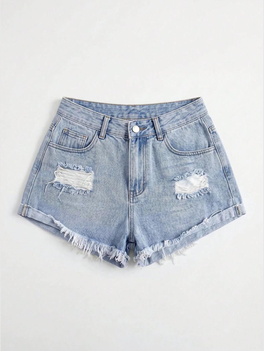 ROMWE Grunge Punk Shorts vaqueros rotos y con puños de estilo casual y de moda para mujer, adecuados para el uso diario en verano - Celeste - Ver 1