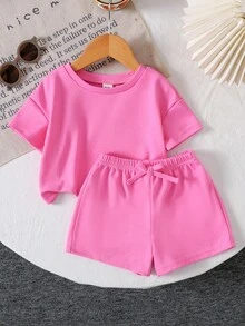 Cozy Pixies 2件套女婴休闲家居服及户外T恤短裤套装，适合夏季穿着 - 玫紅色 - 查看 7