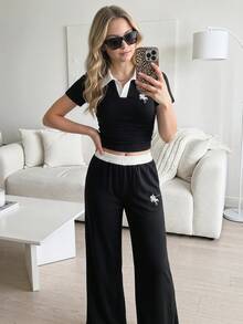 Teen Girl Contrast Collar T-Shirt And Pants Set - Black - View 3