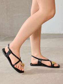 MOTF PREMIUM Giày sandal đế bằng hở mũi, kiểu dáng tối giản, thoải mái dành cho nữ, phù hợp cho việc đi làm và đi nghỉ mát. - Đen sáng - Xem 2