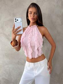 Aloruh New Sexy Backless Lace-Up Design Crop Top, Elegant Purple Layered Ruffle Decor Halter Backless Vest, Summer,Summer Top - Baby Pink - View 5