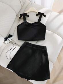 SHEIN 一套少女春夏复古蝴蝶结吊带背心短裤套装，拼接撞色腰部吊带背心，不对称套装裙，面料舒适，优雅百搭，适合外出、工作和派对穿着 - 黑色 - 查看 3