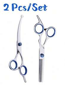 1/2/4Pcs Professional Pet Grooming Scissors Set, Round Tip Curved Shears, Fishbone Thinning Scissors & Stainless Steel Double-Sided Dematting Comb, Dog Cat Hair Cutting Grooming Kit - Blue - View 9