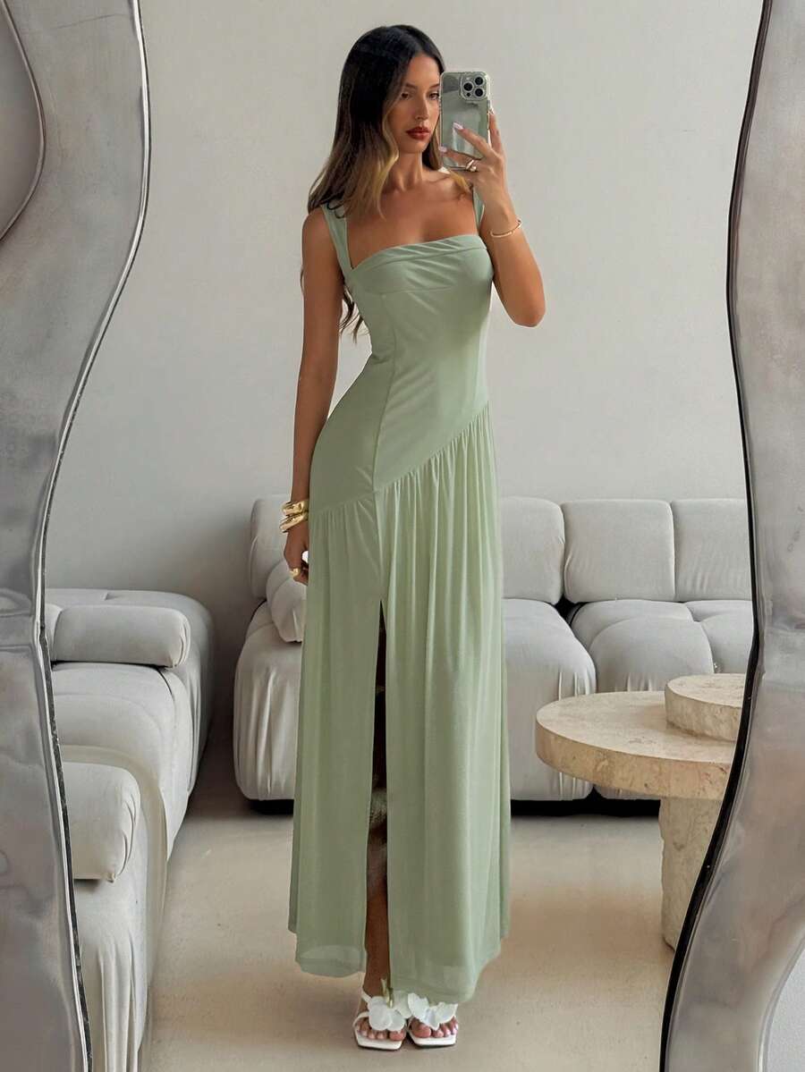 Aloruh Women's Elegant Sage Green Summer Super Long Pleated Mesh Patchwork Dress,A-Line Brunch Vacation Party Date Music Festival Y2K Wedding Guest Attire - Green - View 1