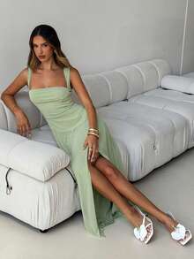 Aloruh Women's Elegant Sage Green Summer Super Long Pleated Mesh Patchwork Dress,A-Line Brunch Vacation Party Date Music Festival Y2K Wedding Guest Attire - Green - View 5