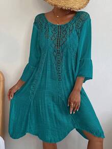 Swim Vcay Đầm trễ vai móc len phong cách Boho, thanh lịch, thường ngày, thích hợp cho mùa xuân hè, đi biển, dự tiệc, đi biển, đi nghỉ mát, đi dự tiệc. - Màu xanh ngọc - Xem 4