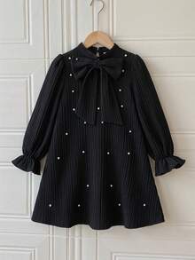 SHEIN 年轻女孩宽松休闲系带珍珠装饰黑色中长连衣裙 - 黑色 - 查看 1