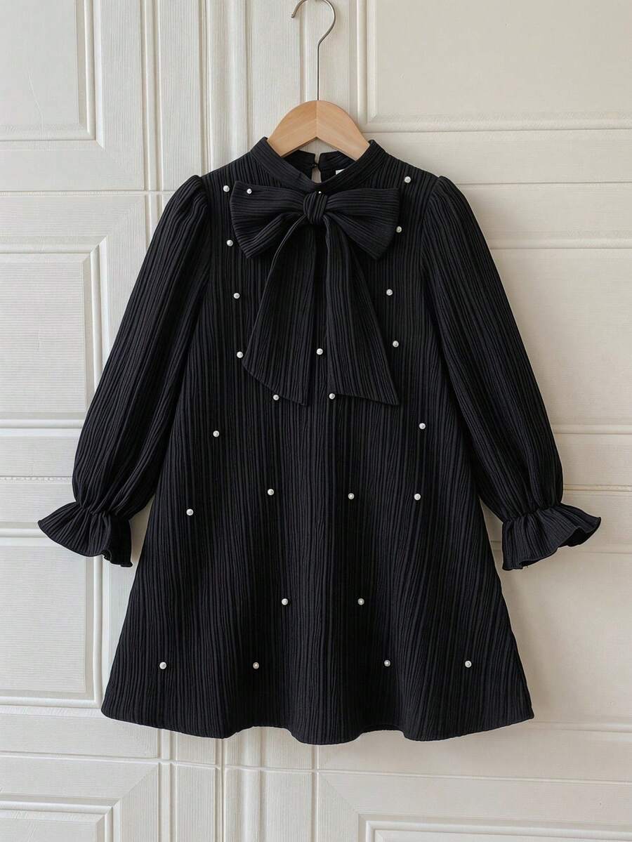 SHEIN 年轻女孩宽松休闲系带珍珠装饰黑色中长连衣裙 - 黑色 - 查看 1
