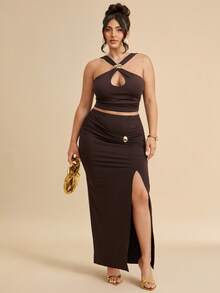 SHEIN BAE Chân váy midi dài dệt kim bất đối xứng màu nâu cà phê dành cho nữ cỡ lớn - Cà phê nâu - Xem 1
