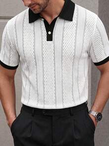 Calvornis Men's Knitted Jacquard Cuff & Collar Contrast Color Casual Business Short Sleeve Polo Shirt, Formal - White - View 5