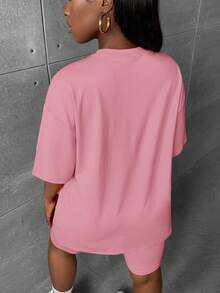 Slaydiva Women's Casual Solid Color Round Neck Drop Shoulder Short Sleeve T-Shirt And Shorts Set, Summer - Dusty Pink - View 2