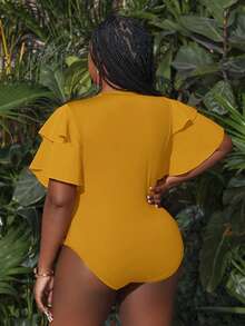 Slaydiva Plus Size Summer Holiday Multilayer Ruffle Sleeve Bodycon Bodysuit Bodysuits For Women Pluswhite Bodysuitplus Size Bodysuit - Mustard Yellow - View 2