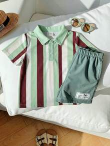 SHEIN 2pcs/Set Baby Boy Light Blue Striped Summer Casual Beach College Style Knit Polo Shirt & Green Shorts,Fashionable Soft Outing Outfit For 0-3 Months - Multicolor - View 4