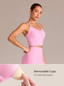 GLOWMODE FeatherFit™ Breathable Lightweight Ruched Front Princess Seams Adjustable Halter Crop Tank With Removable Anti-Slip Cups Summer Yoga Studio Barre Pilates Workout Gym Wear - Sugar Pink - View 5